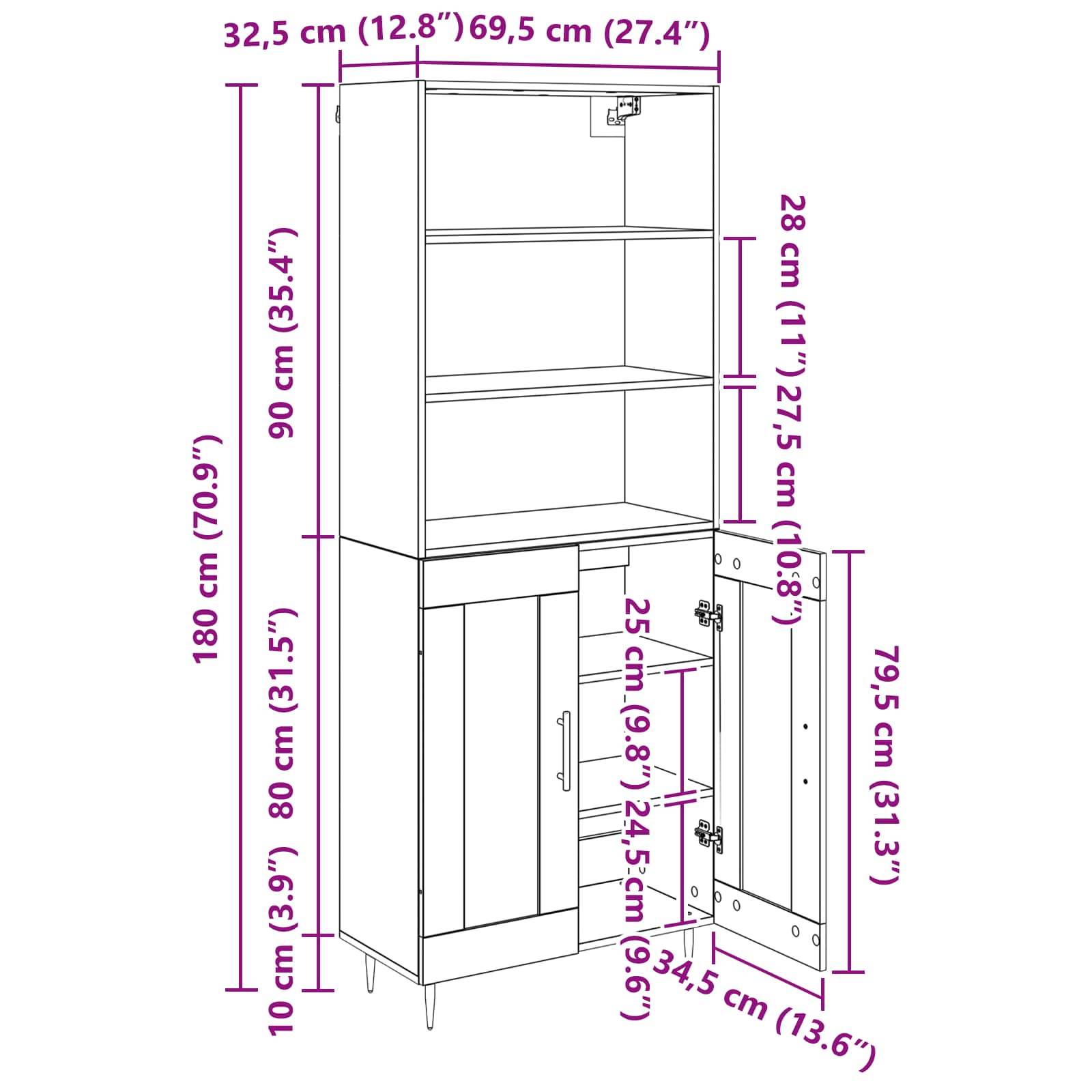Hohe Regaleinheit mit Abmessungen in Zentimetern und Zoll gekennzeichnet. Ausgestattet mit drei Regalböden, einem unteren Schrank mit zwei Türen und einer Höhe von 180 cm (70,9