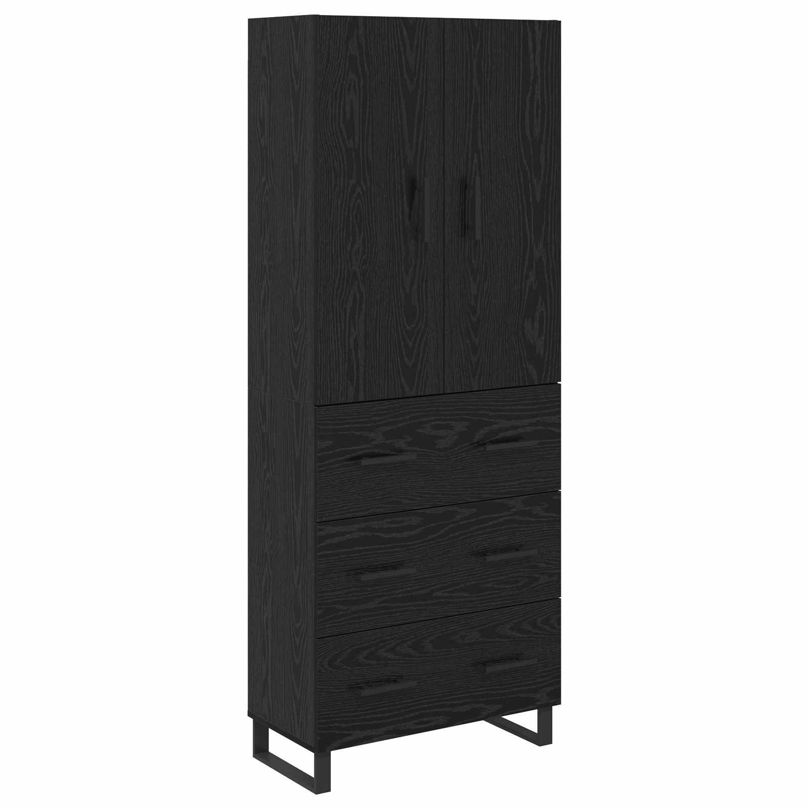 Ein hoher schwarzer Holzschrank mit vertikaler Gestaltung, ausgestattet mit zwei Türen oben und drei Schubladen darunter, alle mit elegantem Griff.
