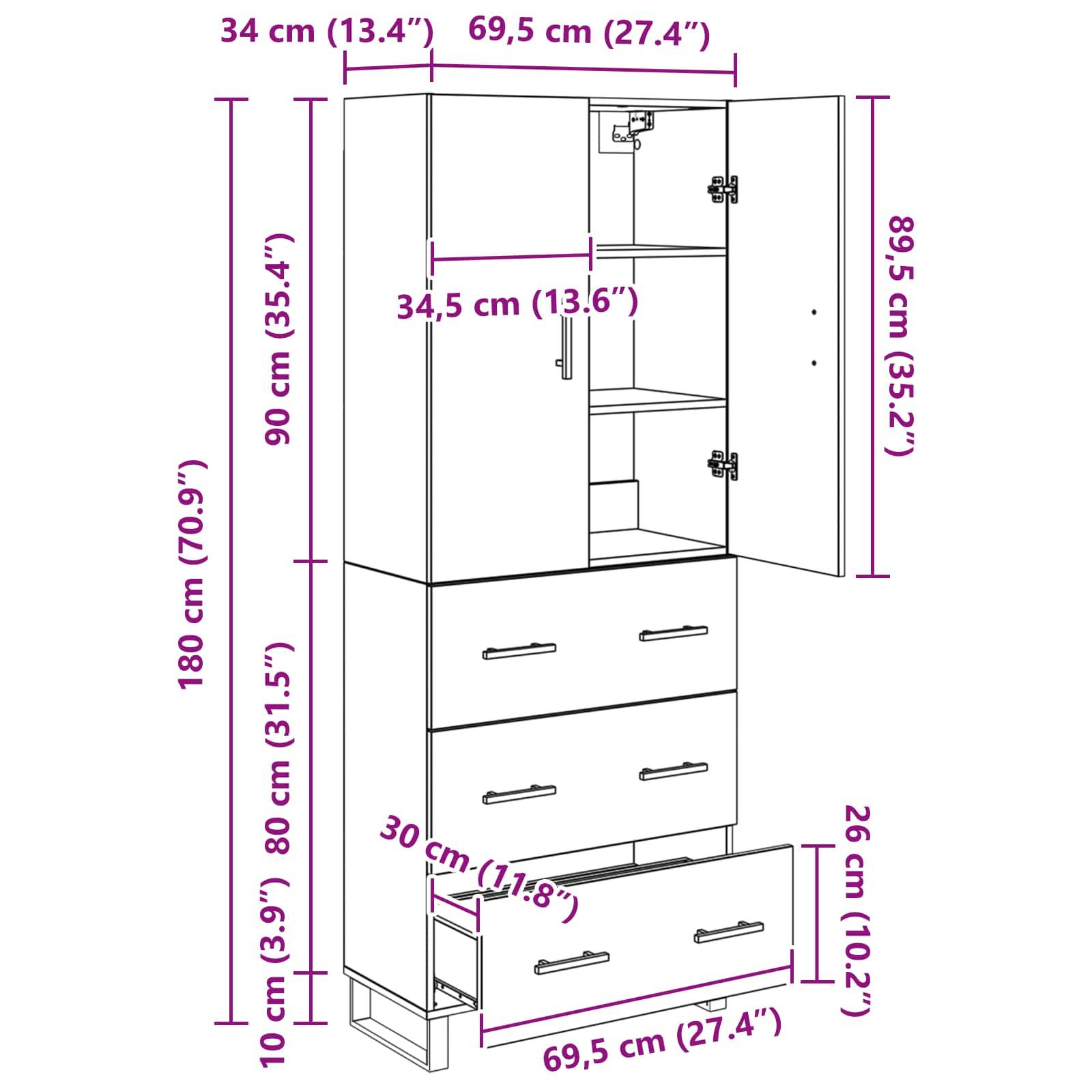 Hoher Schrank mit offenen und geschlossenen Abschnitten, drei Schubladen. Abmessungen: Höhe 180 cm, Breite 69,5 cm, Tiefe 34 cm.