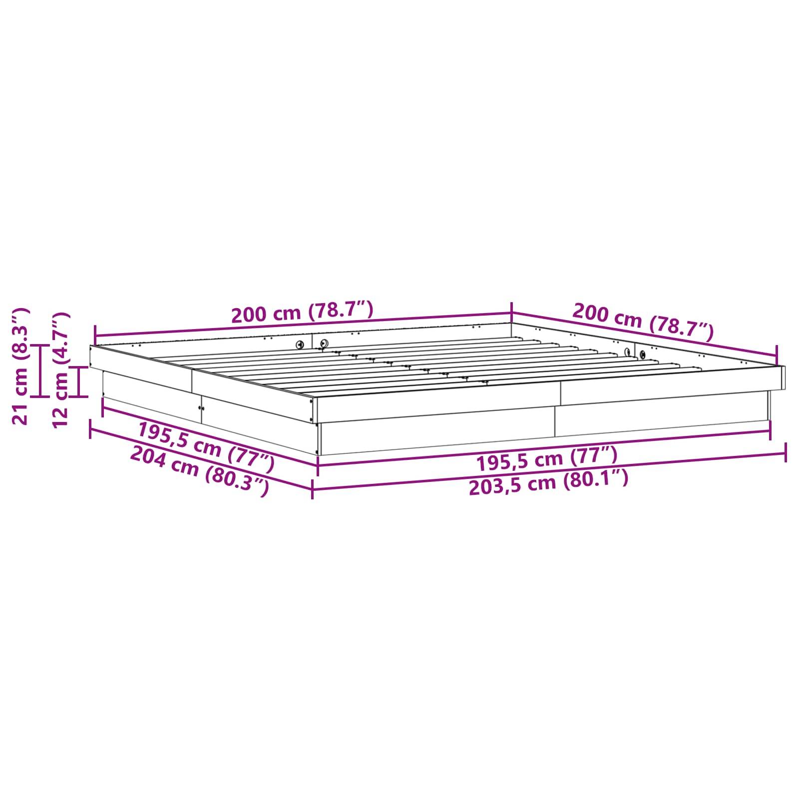 Diagramm eines Bettgestells mit Maßen. Länge: 204 cm (80,3