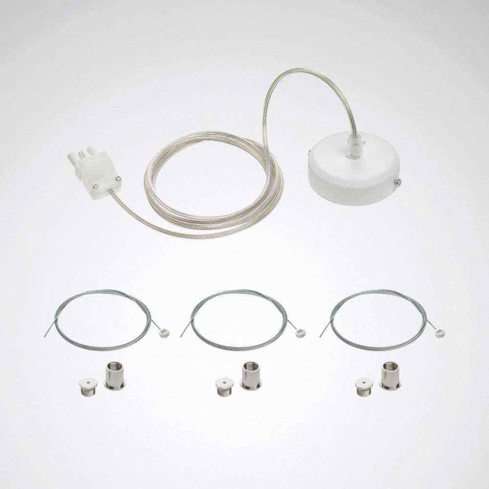 Ein hängendes Kabel-Aufhängesystem mit Drähten, verstellbaren Metallfittings und Befestigungsmaterial, das zur Installation von Beleuchtungskörpern verwendet wird.