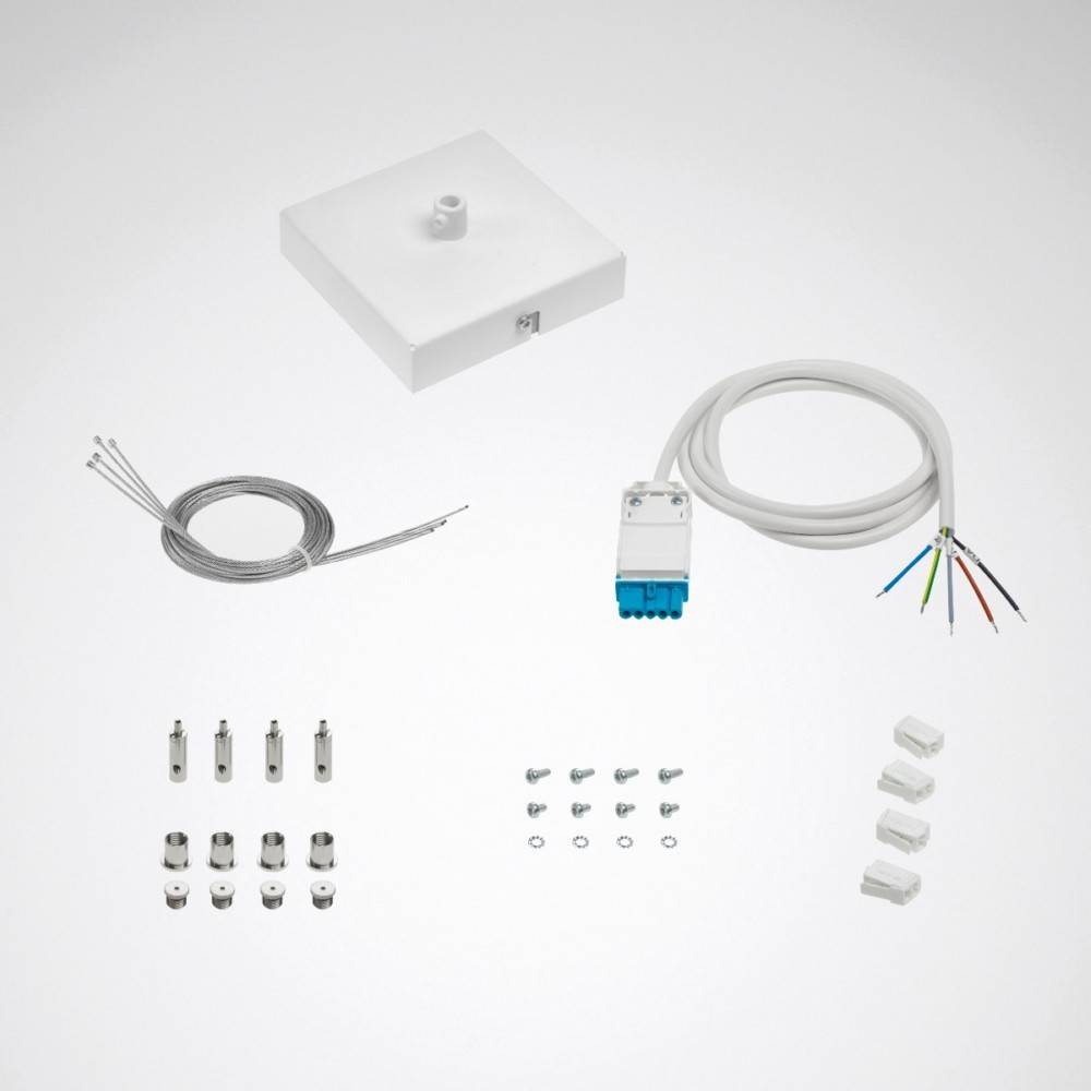 Deckenleuchten-Installationsset mit Montagehalterung, Elektrokabel und verschiedenen Anschlüssen und Schrauben, verwendet für die Lichtinstallation.