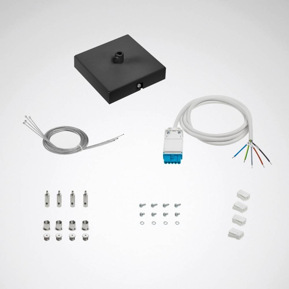 Ein Installationsset mit einer schwarzen Verteilerdose, Kabeln, Kabelverbindern und verschiedenen Schrauben, auf einem neutralen Hintergrund angeordnet.