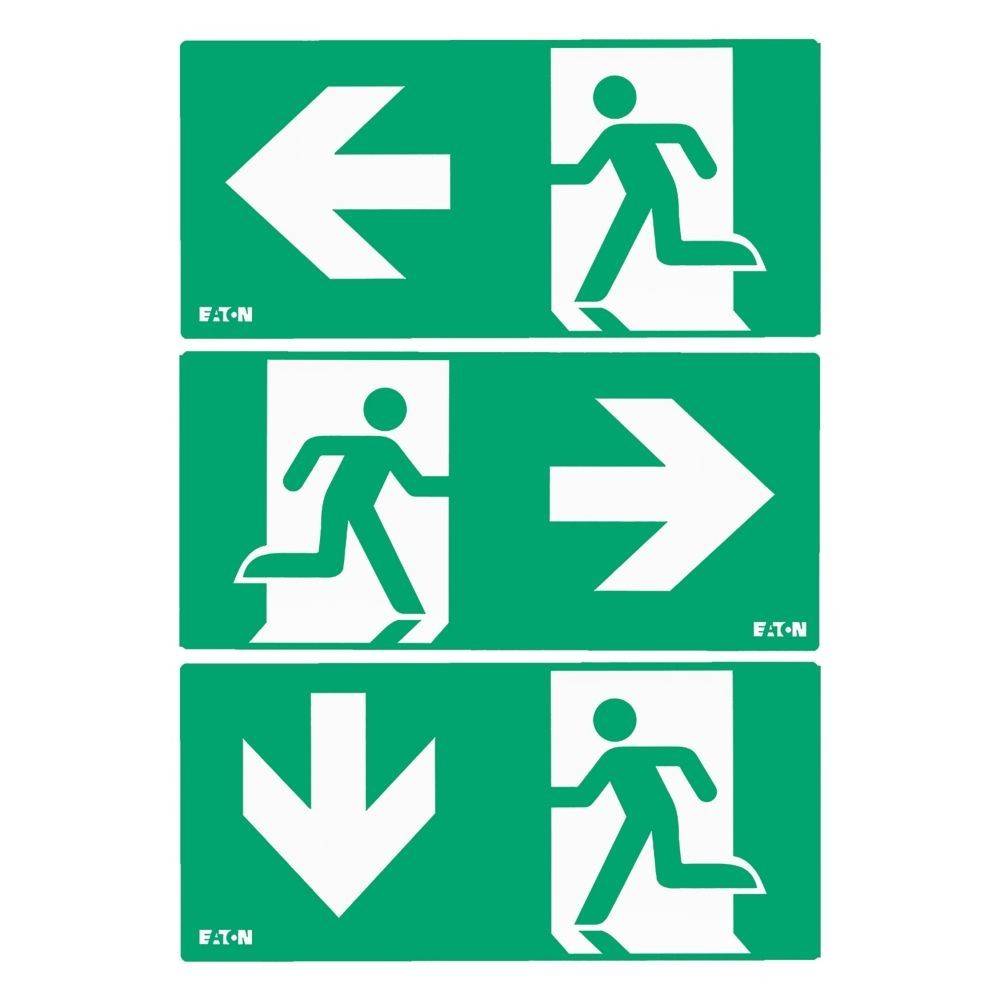 Ausgangsschilder mit einer laufenden Figur. Die obere und untere Tafel zeigen Pfeile, die nach links bzw. rechts weisen. Die mittlere Tafel hat einen Pfeil, der nach unten zeigt.