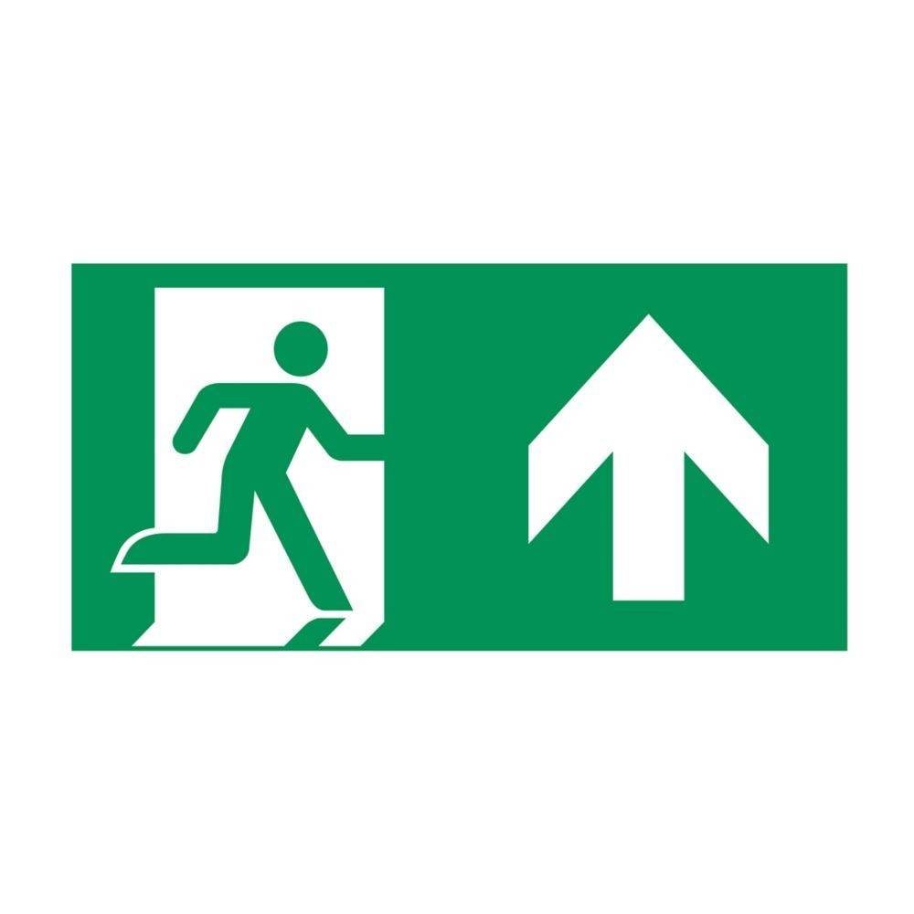 Notausgangsschild mit einer rennenden Person, die auf eine offene Tür zuläuft, begleitet von einem nach oben weisenden Pfeil, der die Fluchtrichtung anzeigt.