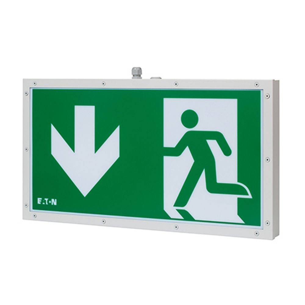 Fluchtwegeschild mit einer weißen laufenden Figur und einem Abwärtspfeil auf grünem Hintergrund, der die Richtung zum Ausgang anzeigt.