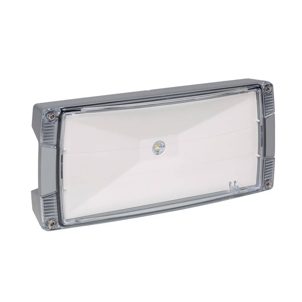 Rechteckige LED-Wandleuchte mit einer klaren Abdeckung und einer einzelnen LED-Birne in der Mitte, eingehaust in einem Metallrahmen.
