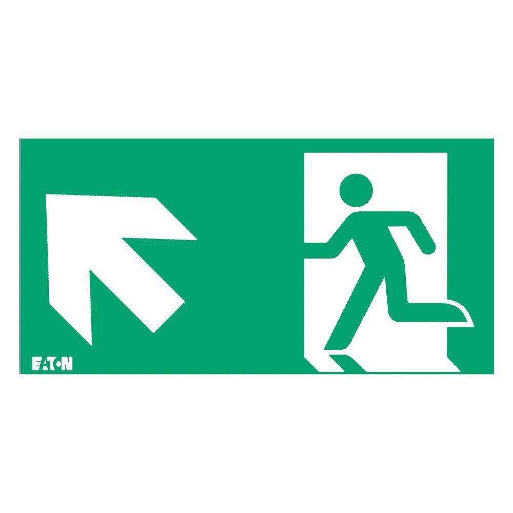 Fluchtwegeschild mit einer laufenden Person, die eine Tür durchschreitet, mit einem Pfeil nach links, der die Fluchtrichtung anzeigt.