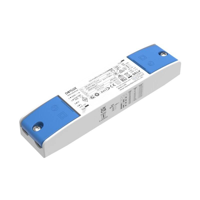 LED-Treiber mit blauer und weißer Gehäuseverkleidung, mit technischen Spezifikationen, Markenname und Sicherheitsmarkierungen auf der Oberseite gedruckt.