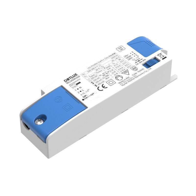 Ein weißer und blauer LED-Treiber mit technischen Spezifikationen, Markenname 'DENLUX' und Konformitätssymbolen, die auf seiner Oberfläche gedruckt sind.