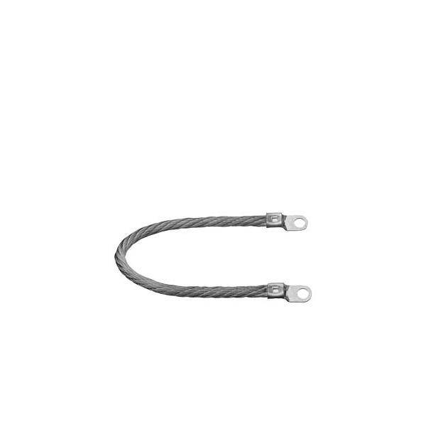 Ein grauer geflochtener Kabel mit geloopten Metallenden, konzipiert für elektrische Erdungs- oder Verbindungsanwendungen, auf einem weißen Hintergrund.
