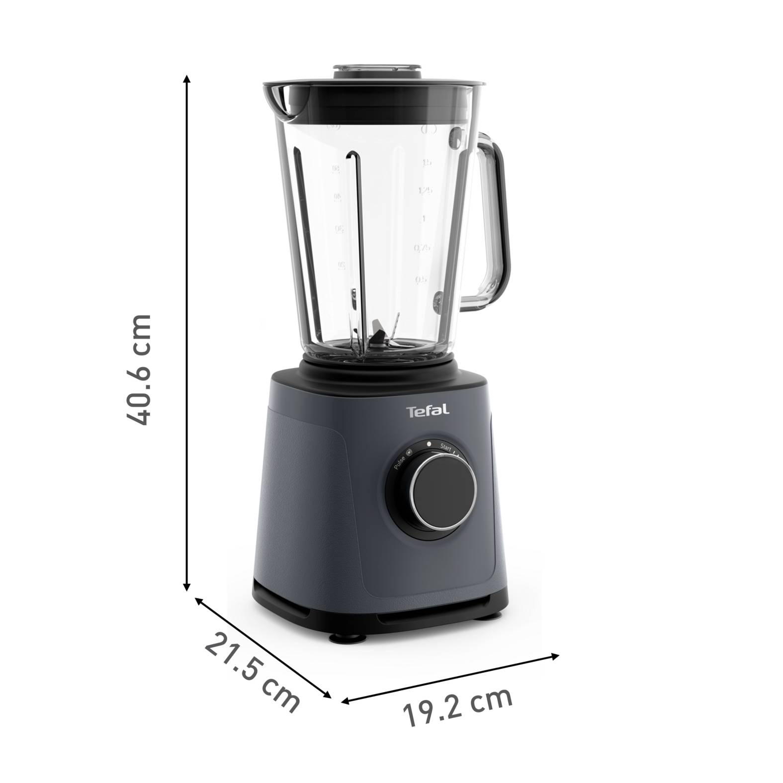 Tefal-Standmixer mit Abmessungen: 40,6 cm Höhe, 21,5 cm Tiefe und 19,2 cm Breite.
