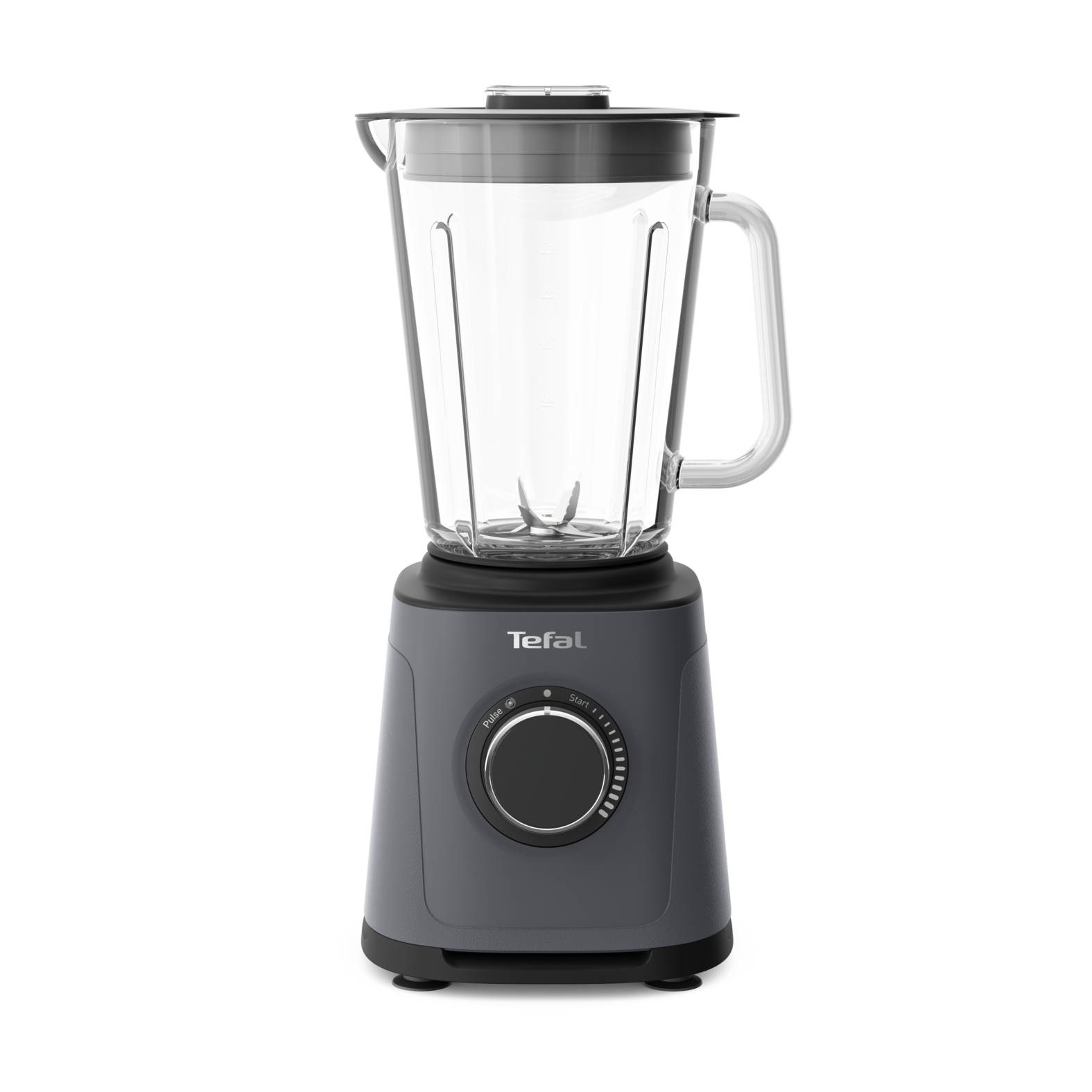 Schwarzer Tefal-Standmixer mit Glaskrug, Griff und vorderer Regelblende auf weißem Hintergrund.