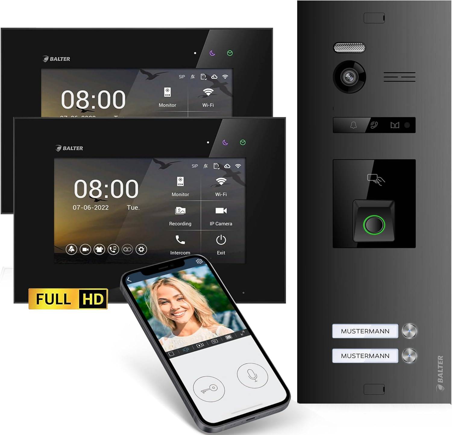 HD Video Türsprechanlage mit Fingerprint RFID und Smartphone App für 2 Familienhaus, 2x Monitore, Balter EVO HD Fingerprint