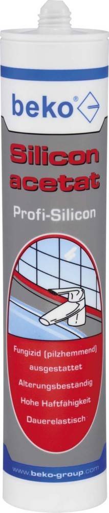 Eine Dose mit der Aufschrift 'Profi-Silicon' mit einer Grafik einer gekachelten Oberfläche und einem Wasserhahn, die auf die Verwendung zum Abdichten oder zur Wartung rund um Waschbecken hinweist.