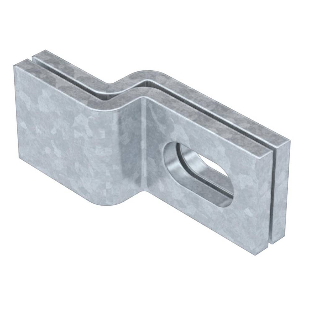 Eine Metallhalterung mit einem rechtwinkligen Bogen und einem Loch zur Befestigung von Befestigungselementen, die häufig in Bau- oder Montageanwendungen verwendet wird.