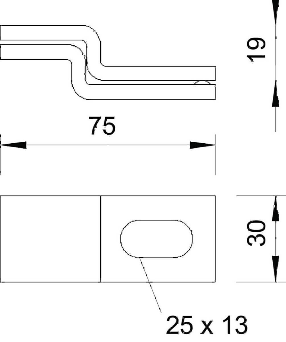 Eine technische Zeichnung eines Metallhalters mit Abmessungen; Draufsicht zeigt 75 mm Länge, 19 mm Höhe und 30 mm Breite mit einem zentralen ovalen Loch.