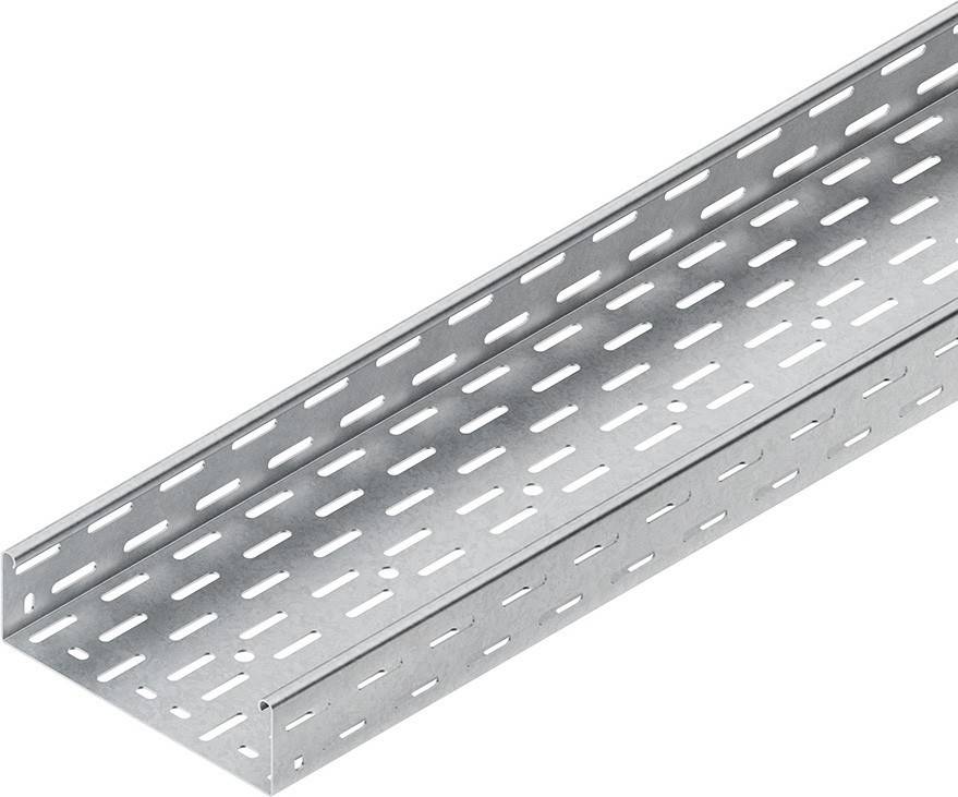 Gelochte Metallkabelrinne, rechteckig mit regelmäßigen Schlitzen, verwendet zur Organisation und Unterstützung von elektrischen Kabeln im Baugewerbe.