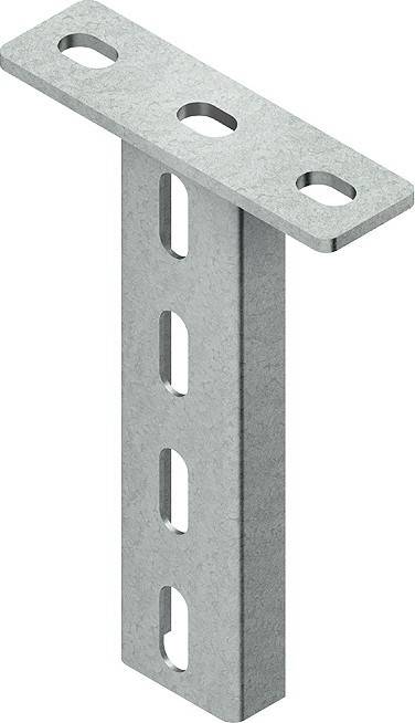 Metallhalterung mit vertikalen Schlitzen und Befestigungslöchern, die zur Unterstützung oder Verbindung von Strukturen bei Bau- oder Montageaufgaben verwendet wird.