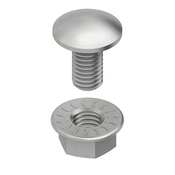 Eine Nahaufnahme eines Schlossschrauben-Bolzens mit passender Mutter. Der Bolzen hat einen runden, glatten Kopf, und die Mutter weist eine sechseckige Form auf.