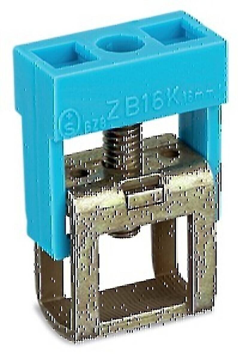 Eine blaue elektrische Komponente, wahrscheinlich ein Reihenklemmenblock, mit einer Schraube und einem Metallverbinder, der sichtbar ist, mit der Bezeichnung 'ZB16' oben auf dem Bauteil.