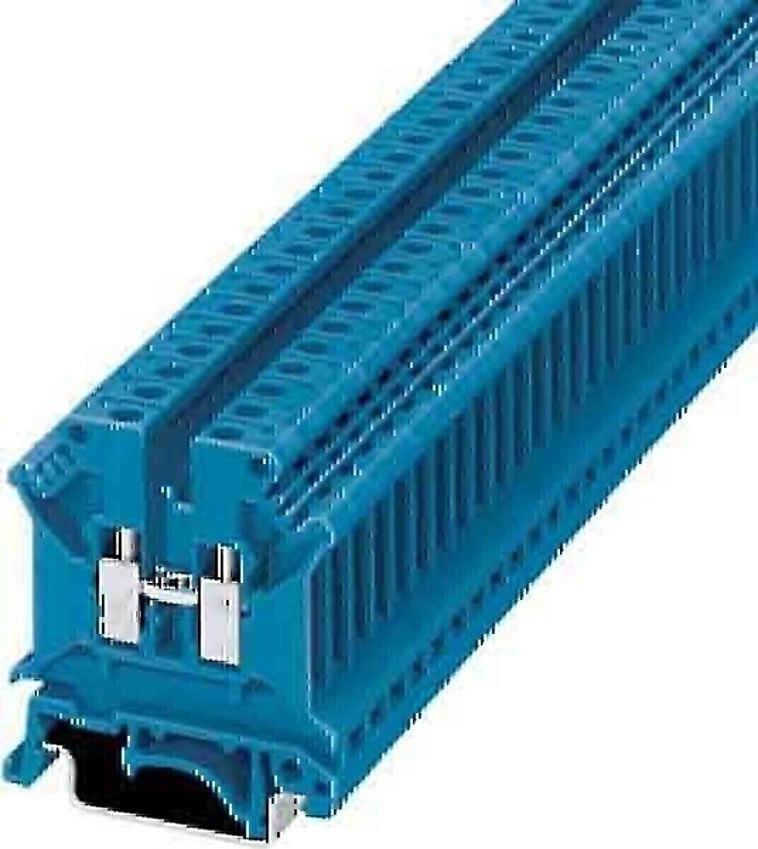 Ein blauer Klemmenblock für elektrische Schaltkreise mit mehreren Anschlusspunkten und einer robusten Bauweise für sichere Drahtverbindungen.