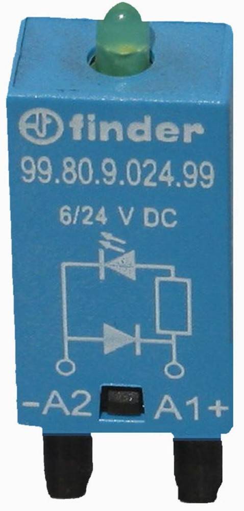 Ein blaues Relaisdiagramm mit Teilenummer '99.80.9.024.99', das '6/24 V DC' anzeigt.
