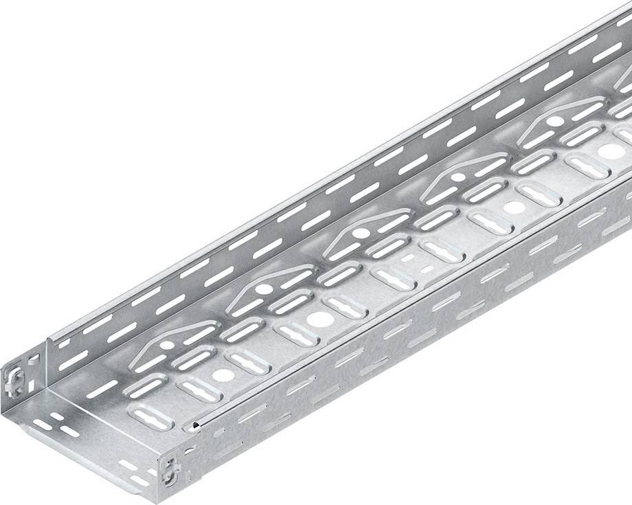 Ein gelochtes Metallleitungskanal mit silberner Beschichtung, entwickelt zum Organisieren und Abstützen von elektrischen Kabeln und Drähten.