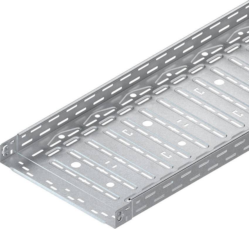 Ein Metallkabelkanal mit Perforationen, der zum Tragen und Leiten von elektrischen Kabeln konzipiert ist.