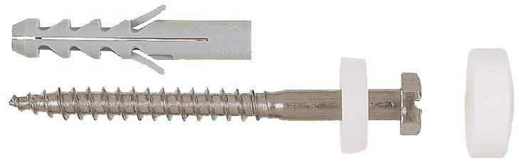 Eine Metallschraube neben einem grauen Kunststoff-Dübel. Der Dübel ist mit 