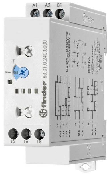 Zeitverzögerungsrelais mit Sucherfunktion, einstellbarer Skala für Zeiteinstellung, beschrifteten Anschlussklemmen für Verdrahtung und Schaltplan für elektrische Konfiguration.