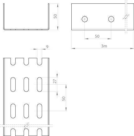 Technische Zeichnung eines U-förmigen Kanals mit Abmessungen: 50 mm Höhe, 9 mm Schlitzbreite und mehreren Schlitzen im Abstand von 27 mm. Seitenansicht zeigt zwei Löcher, die in einem 3 m langen Abschnitt 30 mm voneinander entfernt sind.