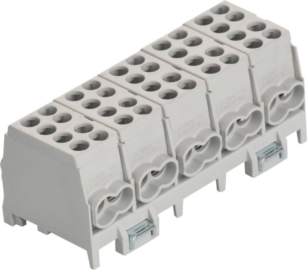 Ein grauer elektrischer Anschlussblock mit mehreren Anschlusspunkten, der für sichere Drahtverbindungen in verschiedenen elektronischen Aufbauten konzipiert ist.