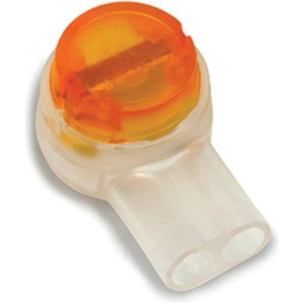 Transparenter elektrischer Verbinder mit einer orangefarbenen Kappe, verwendet zum Verbinden zweier Kabel, mit zwei Kabeleinführungsschlitzen und einem geschlossenen Ende.