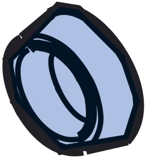 Eine Illustration einer großen, sechseckigen Metallmutter mit einem hellblauen Zentrum, die in der Bau- oder Maschinenbaubranche zum Befestigen von Komponenten verwendet wird.
