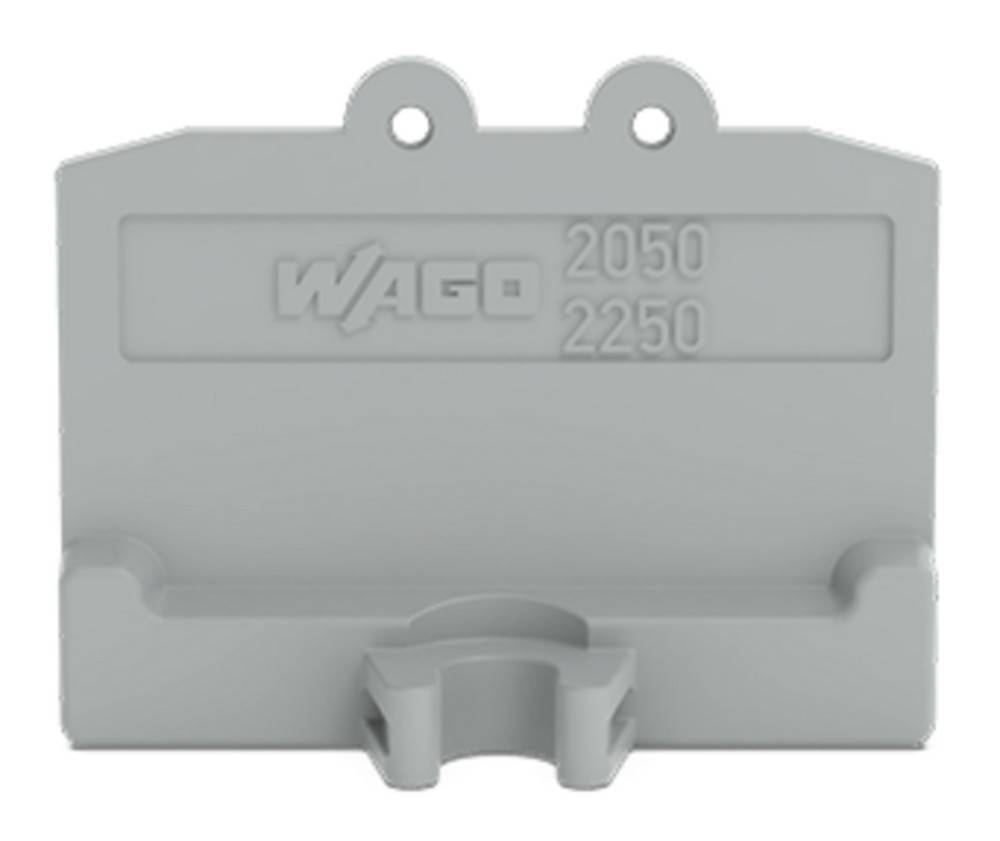 Ein grauer Kunststoff-Montagträger mit dem eingeprägten Text 'WAGO 2050 2250', versehen mit zwei Befestigungslöchern.