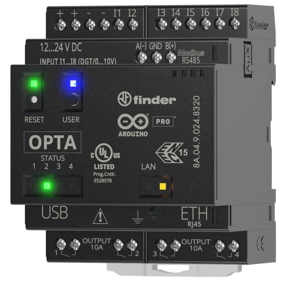 Ein schwarzer Finder Opta programmierbarer Logikcontroller mit beschrifteten Anschlüssen für USB, Ethernet, Eingänge und Ausgänge. LED-Indikatoren zeigen Energie und Status.