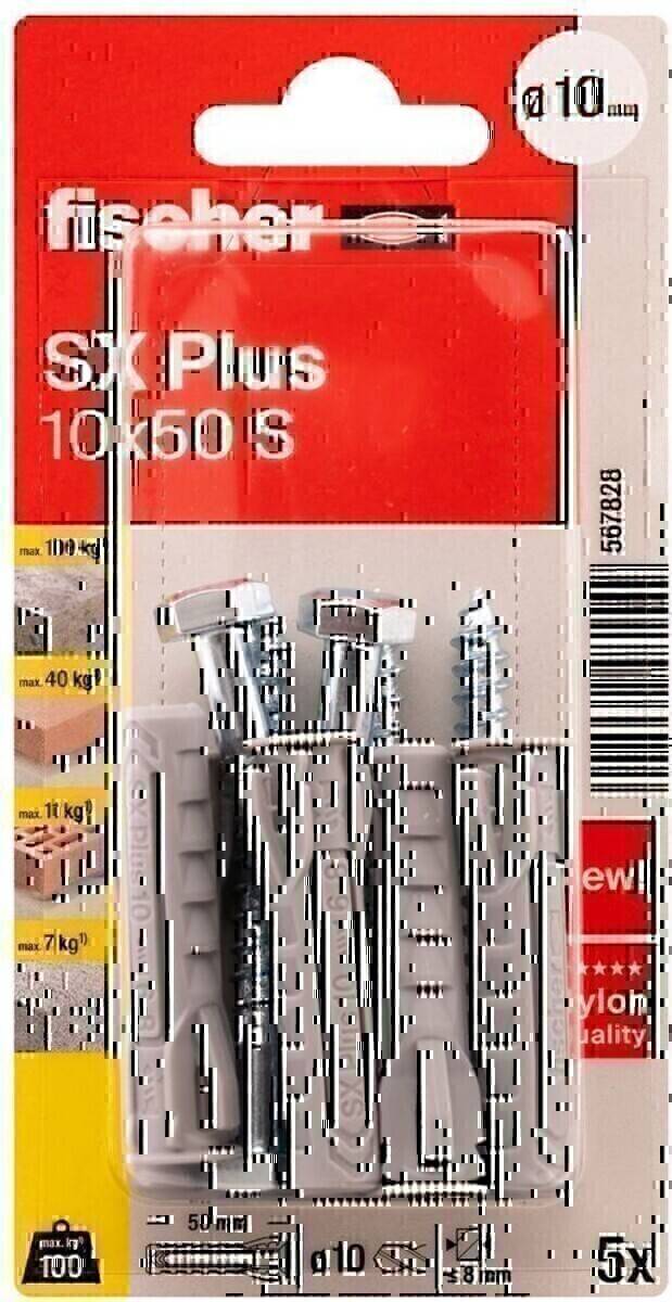 SX Plus 10x50 S'; Bild einer Dübel- und Schraubenverpackung mit illustrierten Traglasten für Ziegel (110 kg), Beton (40 kg), Putz (11 kg).
