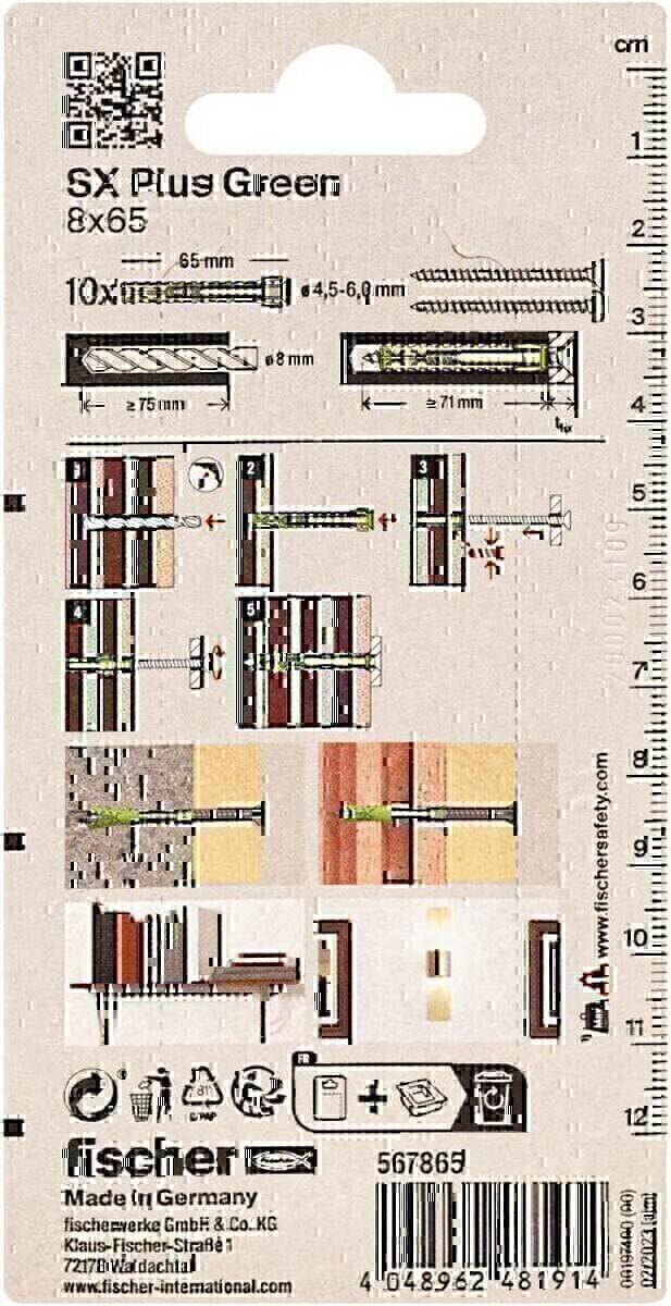 Eine Montageanleitung für Wanddübel. Zeigt Größen, Bohrdimensionen und Einfügeschritte für eine sichere Befestigung.