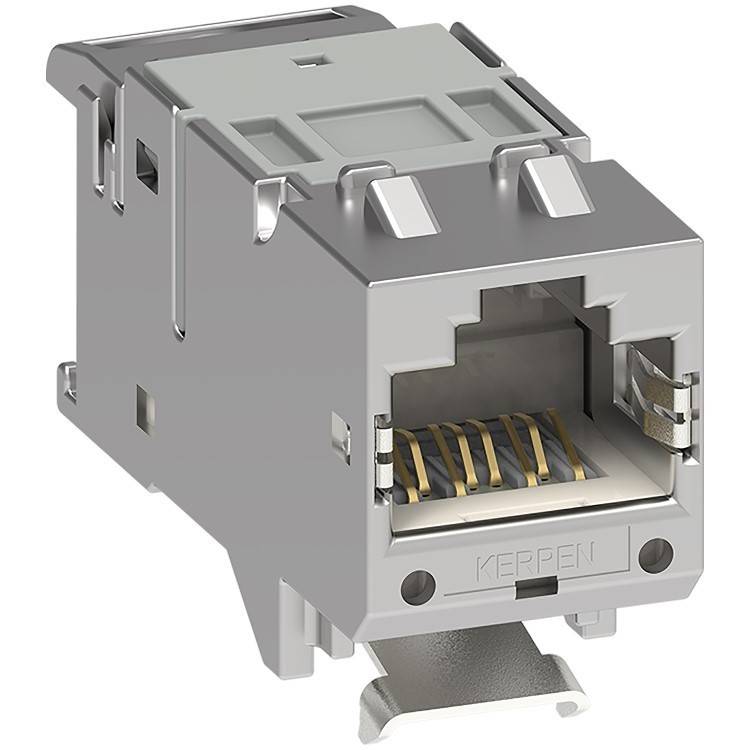 Eine RJ45-Keystone-Buchse mit metallischer Oberfläche, verwendet zum Anschluss von Ethernet-Kabeln, mit acht goldenen Verbindungskontakten im Anschlussbereich.