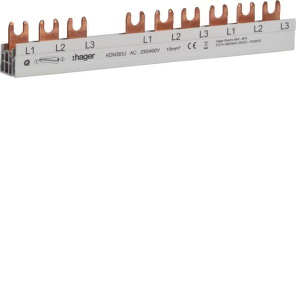Eine dreiphasige Sammelschiene von Hager mit gekennzeichneten Anschlüssen L1, L2 und L3, ausgelegt für AC 230/400V und 63A, konzipiert für die elektrische Energieverteilung.