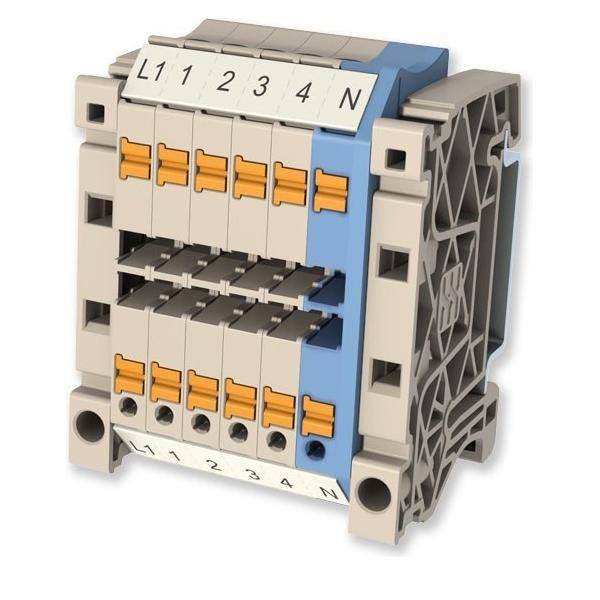 Ein modularer, mehrfach gestufter Elektro-Anschlussblock mit nummerierten und beschrifteten Anschlüssen 'L1', 'L2', 'L3', '4' und 'N', der zur Verdrahtungsorganisation verwendet wird.