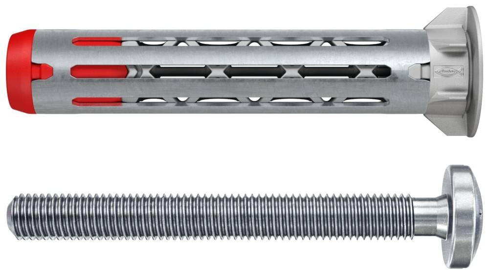 Zusammengesetzte Aufnahme eines Metallankars über einer Gewindestange. Der Anker zeichnet sich durch ein robustes Design aus, während die Stange eng gewickelte Gewindelinien aufweist.