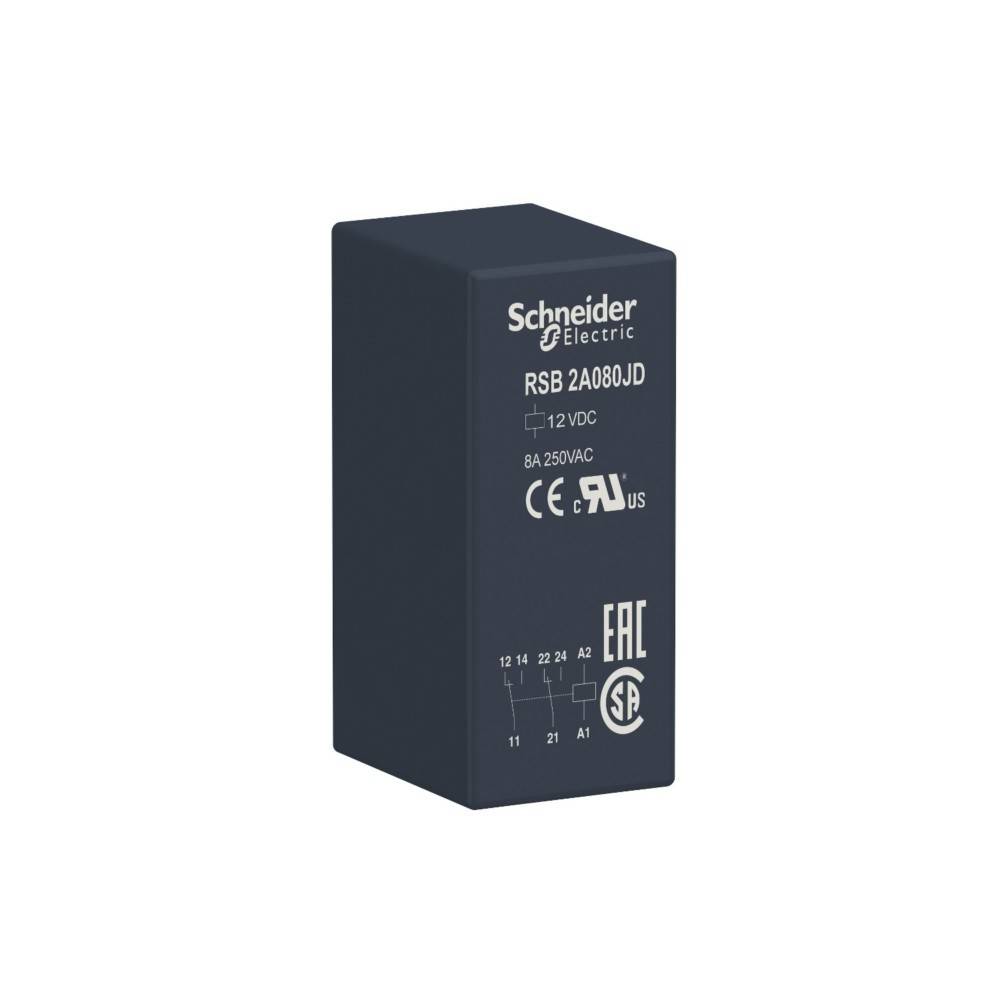 Ein schwarzes Schneider Electric Relais mit dem Modell 'RSB 2A080JD', ausgelegt für 8A bei 250VAC, 12VDC. Angegebene Symbole umfassen CE, EAC und weitere.