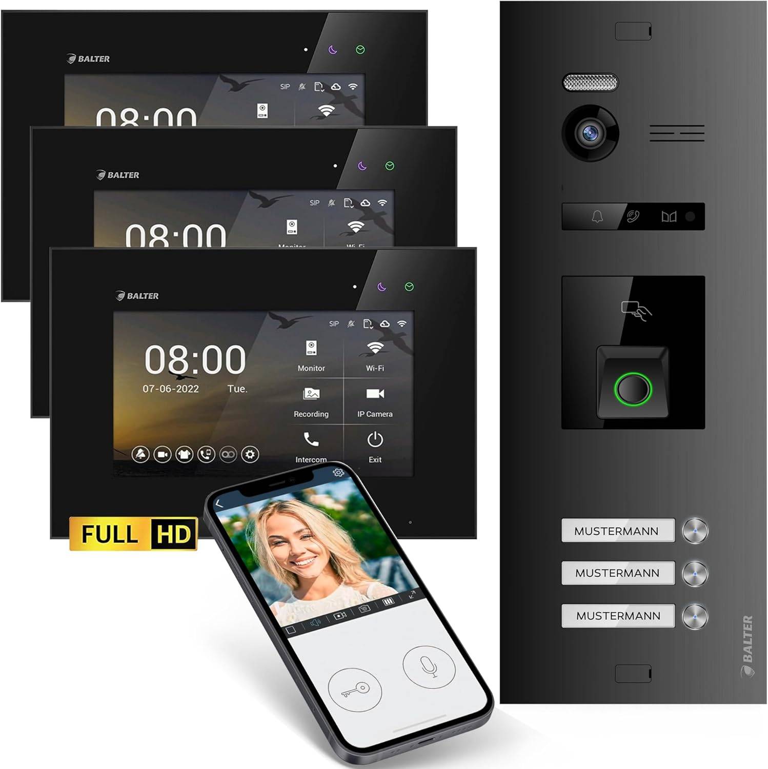 HD Video Türsprechanlage mit Fingerprint RFID und Smartphone App für 3 Familienhaus, 3x Monitore, Balter EVO HD Fingerprint