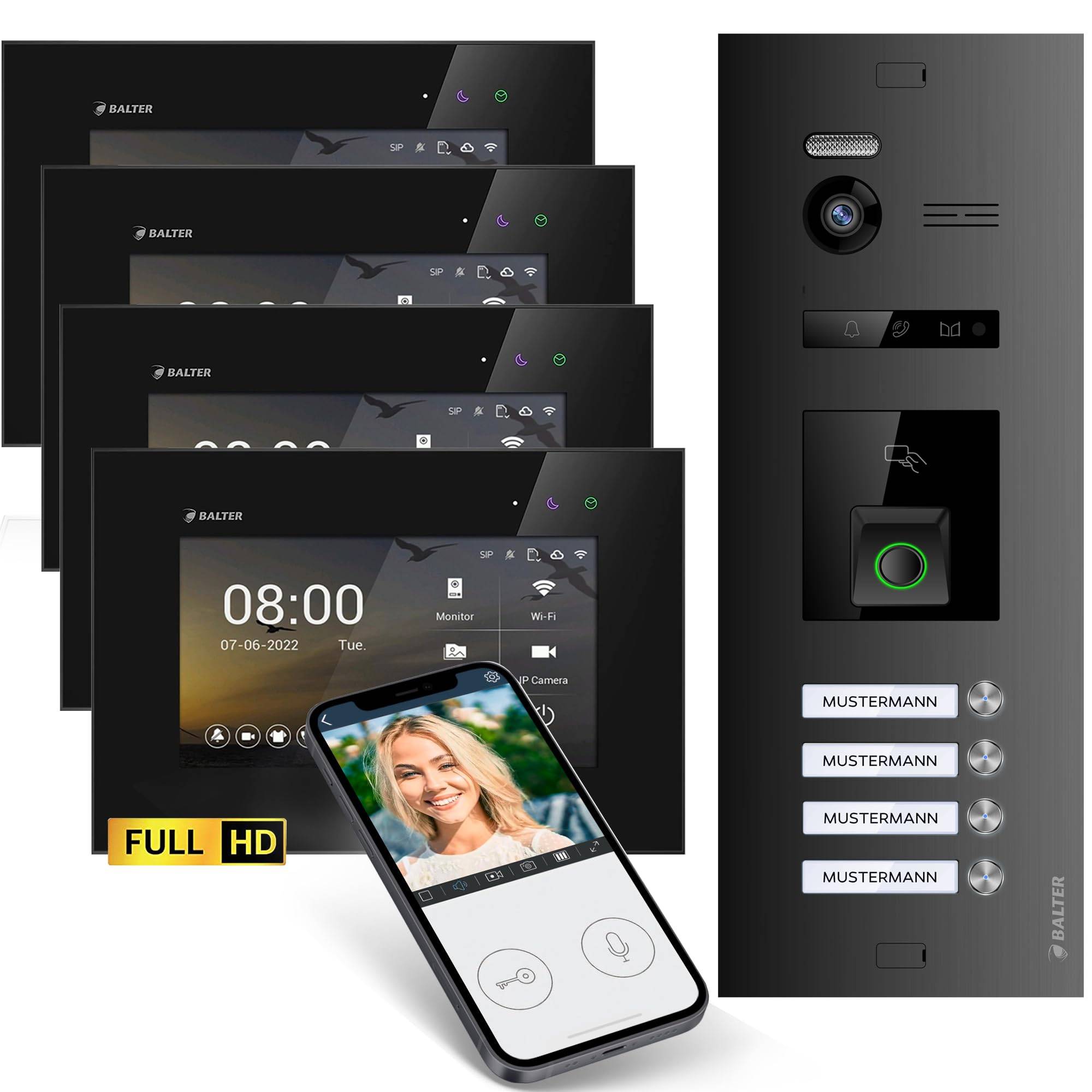 HD Video Türsprechanlage mit Fingerprint RFID und Smartphone App für 4 Familienhaus, 4x Monitore