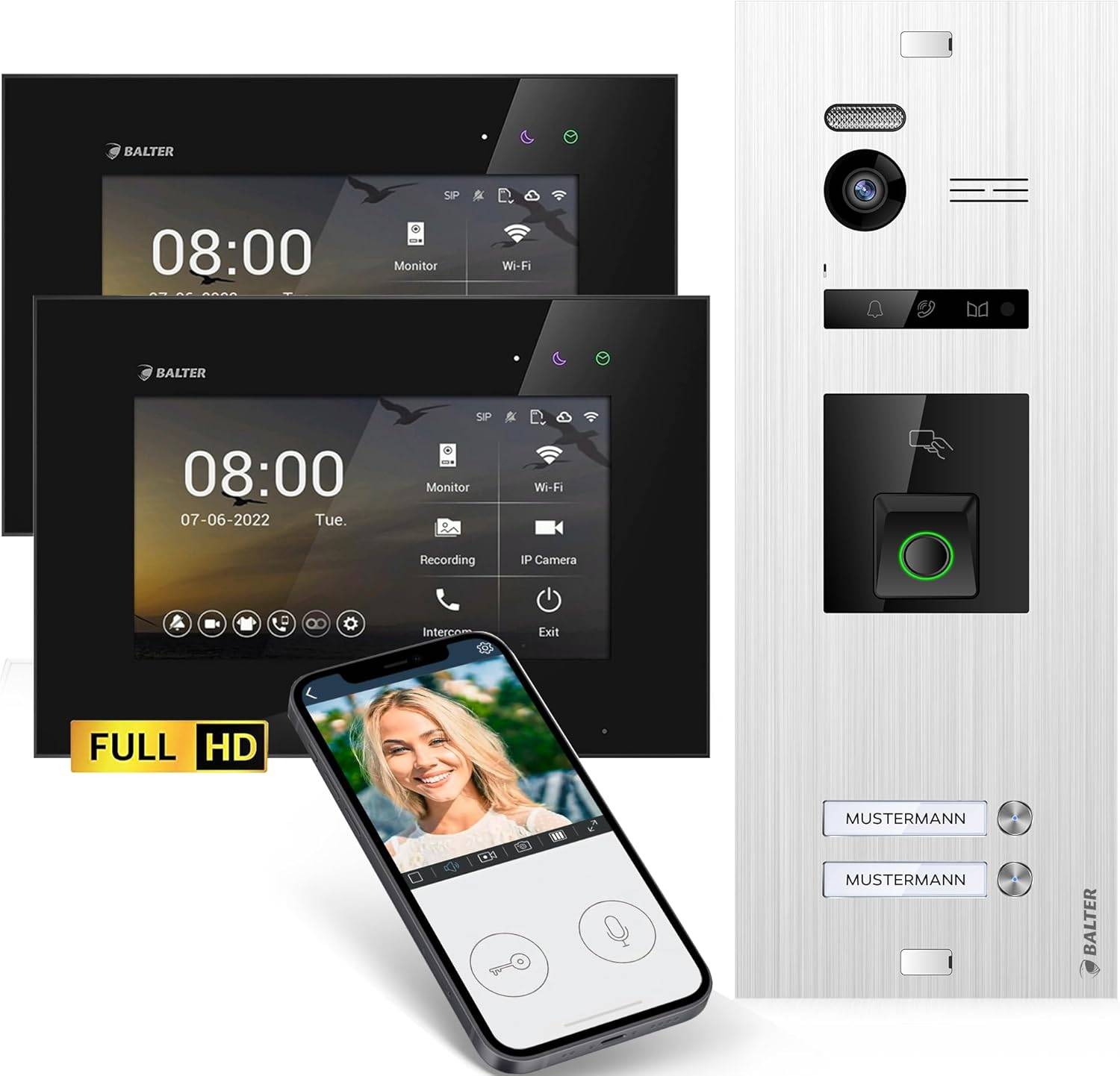 HD Video Türsprechanlage mit Fingerprint RFID und Smartphone App für 2 Familienhaus, 2x Monitore, Balter EVO HD Fingerprint