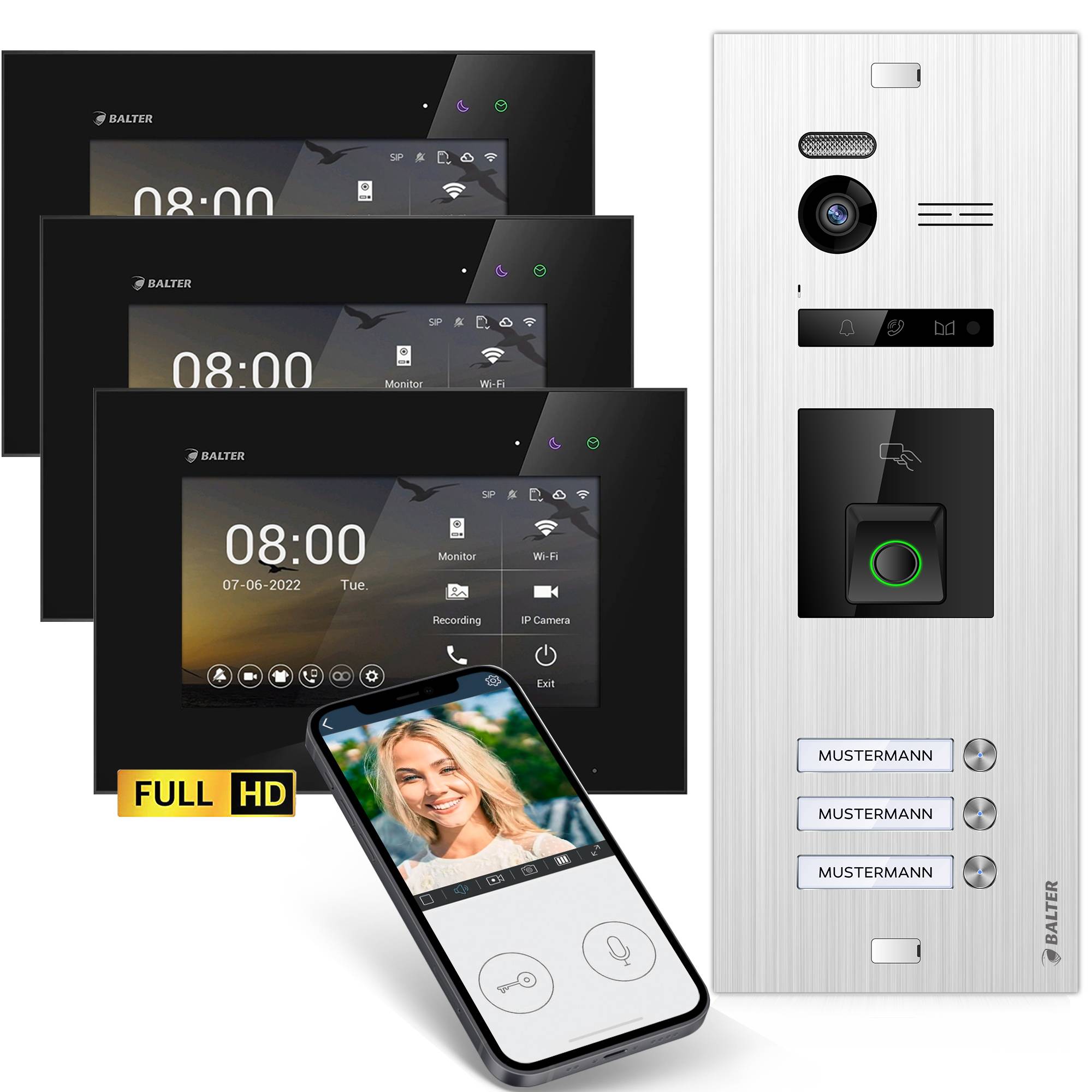 HD Video Türsprechanlage mit Fingerprint RFID und Smartphone App für 3 Familienhaus, 3x Monitore, Balter EVO HD Fingerprint