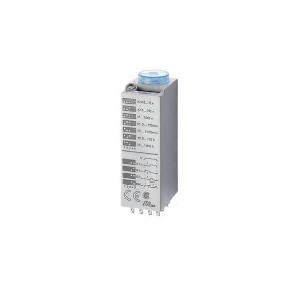 Kleines graues Industrie-Timer-Relais-Modul mit blauer Einstellscheibe und aufgedruckten Zeiteinstellungen auf der Vorderseite.