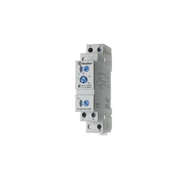 White Finder DIN-Schiene Elektrotimer-Relaismodul mit blauen Einstellreglern, isoliert auf weißem Hintergrund dargestellt.